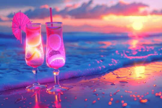 A neon cocktail stands on the sand on the beach, with the ocean and sunset in the background