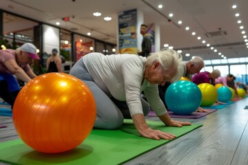 Fototapeta premium Elderly people doing yoga with exercise balls in a fitness studio. AI.