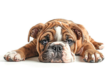 Obraz premium A bulldog is lying down with a white background