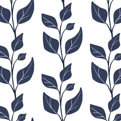 Botanical seamless pattern. Simple Plant. Silhouette of a branch, plant. White background. Ornament in Scandinavian style for wrapping paper, textiles.