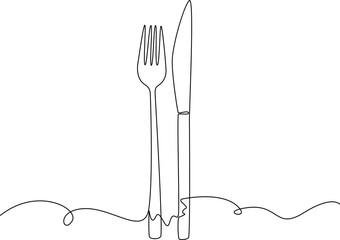 Restaurant and cooking utensils one line art illustration