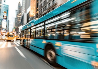 Obraz premium A blue bus is moving fast on a busy city street with blurred background. AI.