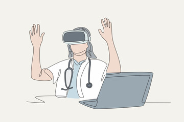 Colored doctor using vr while working. Medical technology concept one-line drawing