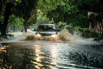 Car driving on a flooded road covered with pouring rain water