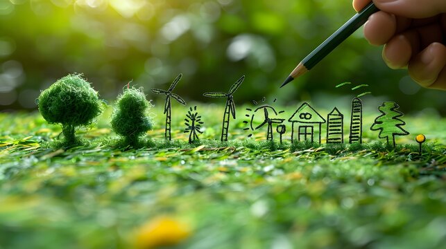 The theme of ecology illustrated by a hand sketching white icons of green energy, cityscape, and sun on grass, with wind turbines in the blurred background
