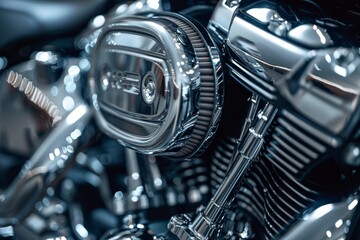 Fototapeta premium Shiny Chrome Motorcycle Engine Cylinder Close-Up: Detailed Industrial and Mechanical Design with Glossy Finish. AI-Generated, 4K High-Resolution Wallpaper Showcasing Precision Engineering and Sleek Ae