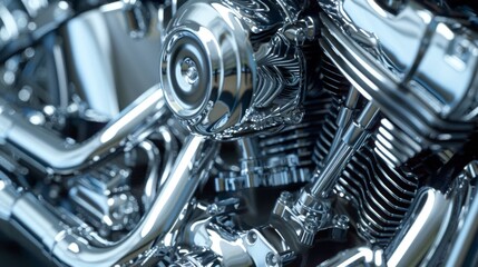Obraz premium Shiny Chrome Motorcycle Engine Cylinder Close-Up: Detailed Industrial and Mechanical Design with Glossy Finish. AI-Generated, 4K High-Resolution Wallpaper Showcasing Precision Engineering and Sleek Ae