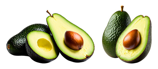 Half sliced avocado fruit with seed isolated on a transparent background, avocado fruit cutout