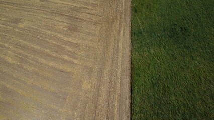 Aerial view of contrasting agricultural fields: a harvested, plowed field with visible furrows...