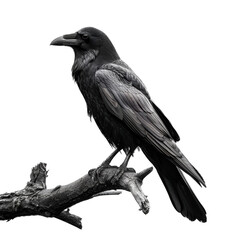 Black Crow on Branch Isolated on Transparent or White Background, PNG