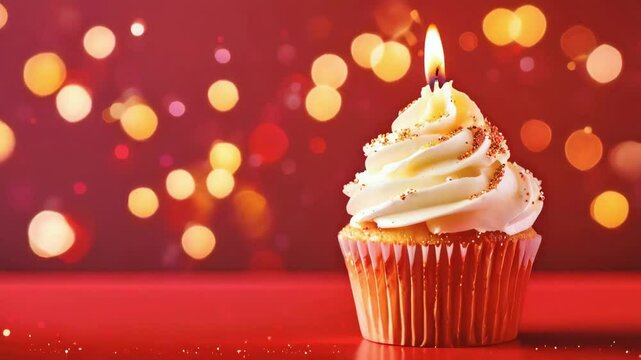 delicious  vanilla cupcake with icing and burning candle isolated on red background animation - 4k new quality stock video footage AI