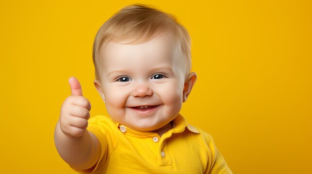 Cheerful young child showing approval with thumbs up on bright yellow background