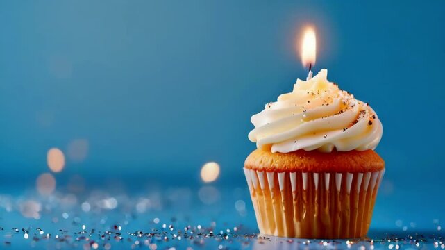 delicious  vanilla cupcake with icing and burning candle isolated animation - 4k 9x16 vertical new quality stock video footage AI