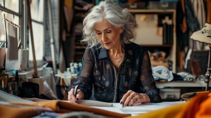 Obraz premium Middle-aged Fashion Designer Sketching in Studio: Elegant Gray-haired Female Tailor Creating New Clothing Designs. Professional, Small Business Owner Embracing Creative and Productive Retirement Life.