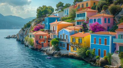 Obraz premium A picturesque Greek village with colorful buildings and rainbow houses gleaming in the Mediterranean summer sun, exuding a lively holiday vibe with vibrant colors and realistic shadows.
