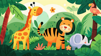 Naklejka premium Vibrant jungle mural depicting wild animals like tiger, parrots, and giraffe for a playful kids room decor.