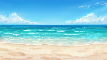 Obraz premium Vibrant summer illustration of a turquoise sea and sandy beach scene.
