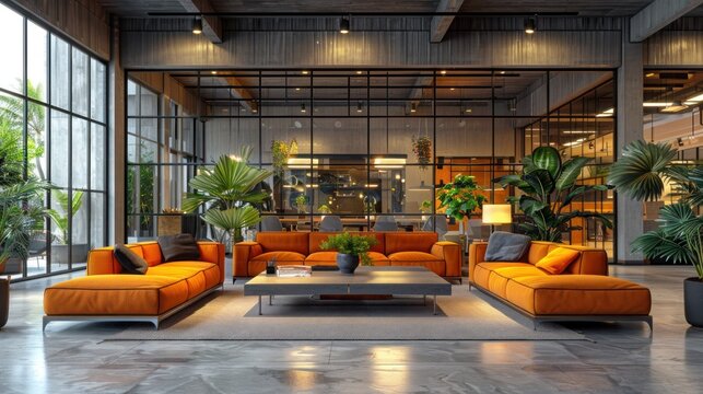 Modern bright office with collaborative space and comfortable lounging area with orange sofas