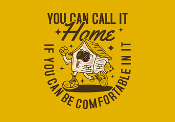 Walking house mascot character in vintage retro style