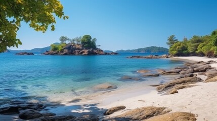 Fototapeta premium Vast tropical beach panorama with sky meeting the sea on wide horizon, showcasing natural beauty