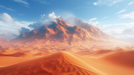 Tranquil desert landscape with harmonious views of blue skies, white clouds, and red-yellow sand dunes
