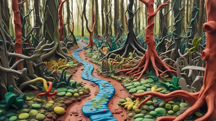 Fototapeta premium path through a forest leading to a swamp. everything is made of plasticine