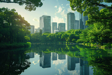 Panoramic view of skyscrapers through green nature with lush foliage and river. Ecology and green city concept. Generated by artificial intelligence