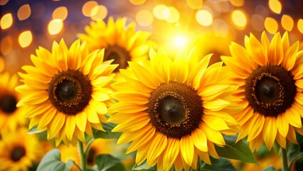 Naklejka premium Vibrant yellow sunflowers with large dark centers against a soft focus, warm, and inviting blurred background with gentle bokeh effects.
