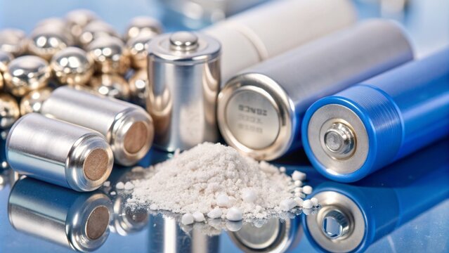 Macro shot of raw Lithium-Ion battery cell components and chemicals such as lithium cobalt oxide and graphite on metallic background.