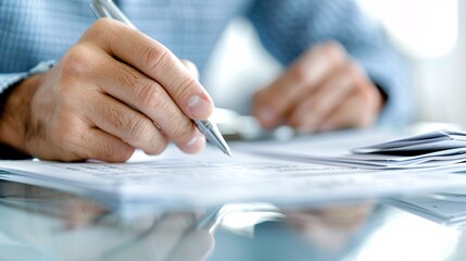 A close-up of a financial consultant's hand pointing to tax documents while explaining details to a client, with ample copy space on the side for text.