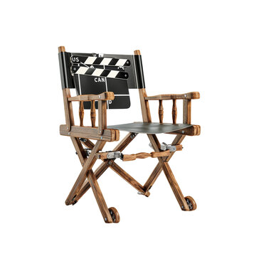 Empty Director Chair with Clapperboard Isolated on Transparent or White Background, PNG