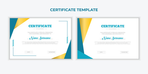turquoise and gold Certificate of achievement template set with gold badge and border. Award diploma design blank.