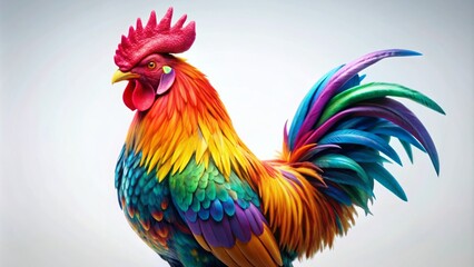 Fototapeta premium Vibrant, isolated, 3D rooster mascot character with bright plumage and bold expression stands proudly on a transparent, isolated background.