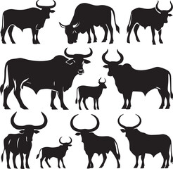 silhouettes ox, a group of silhouettes ox, black color isolated on white background vector and white background