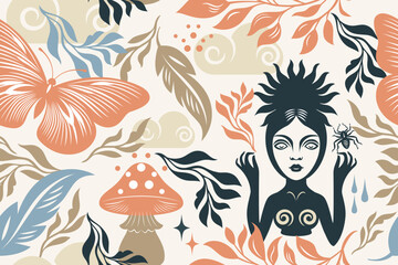 Seamless floral pattern with pretty witch, branches, mushrooms, butterflies, the elegance of a beautiful botanical pattern on the theme of nature and magic