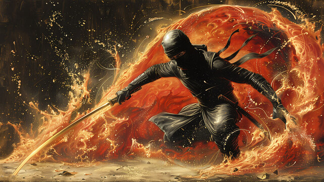 Japanese samurai warrior artwork. Mighty ninja with swords background
