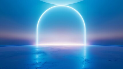 Sky blue neon light product background stage on clear sky floor with bright sunlight spotlight, in airy style