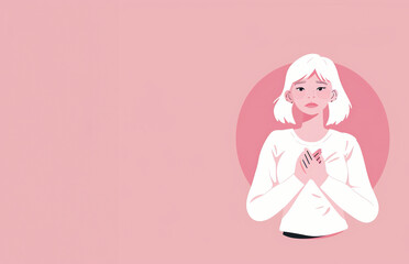 Fototapeta premium An illustration of a woman holding her hands on her chest within a bright pink circle