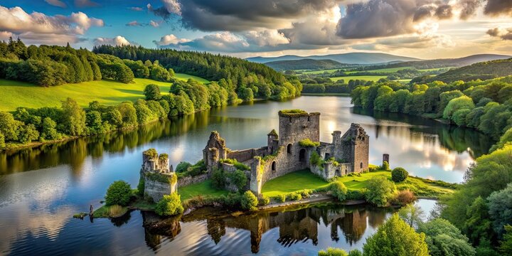 Castle ruins surrounded by lush greenery and overlooking a serene lake, Ha Ha Tonka State Park, Camdenton, Missouri