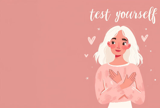 An illustration of a woman holding her hands on her chest with the words test yourself