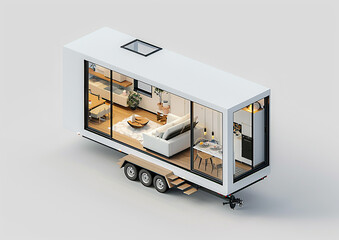 Loft-style tiny house mockup, 3D isometric view, white background, sleek architecture, detailed structure