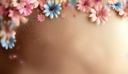 Obraz premium Background with pastel pink and blue flowers on a golden sparkly backdrop. In style of congratulations card. Minimal concept with copy space. Generative AI