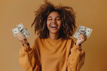 Happy woman holding cash in a joyful expression. Concept of financial success and happiness. Vibrant and positive atmosphere. Use for financial success themes. Generative AI