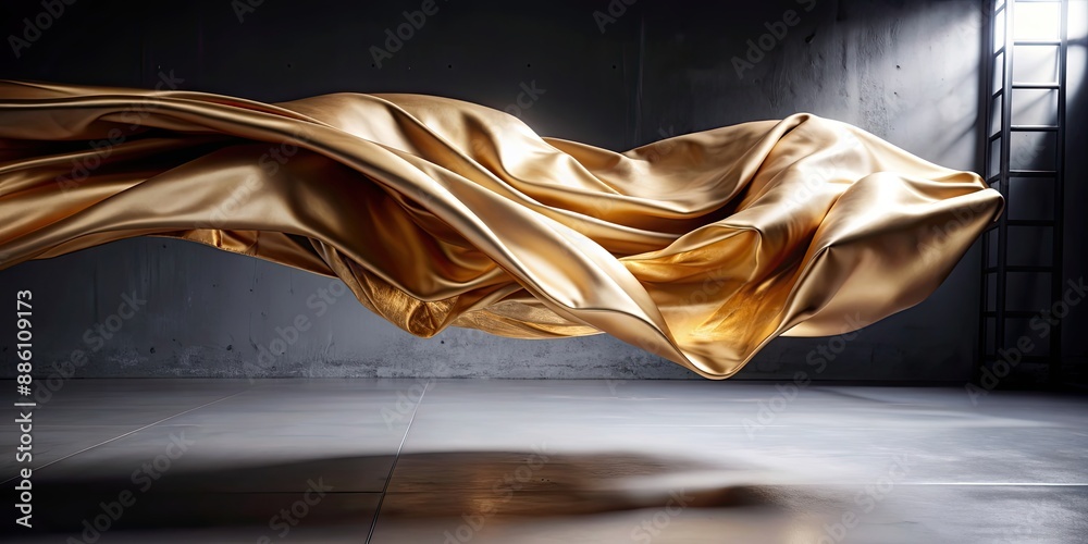 Wall mural Luxurious gold silk cloth floating in air, luxury, elegance, rich, opulent, expensive, material, textile, fabric, golden