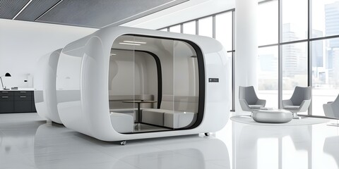 Fototapeta premium Futuristic office pod for silent work and online negotiations in open space. Concept Office Pods, Futuristic Design, Silent Work, Online Negotiations, Open Space