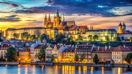 Fototapeta premium Prague Castle with St. Vitus Cathedral at evening, Prague, Castle, St. Vitus Cathedral, Evening, Sunset