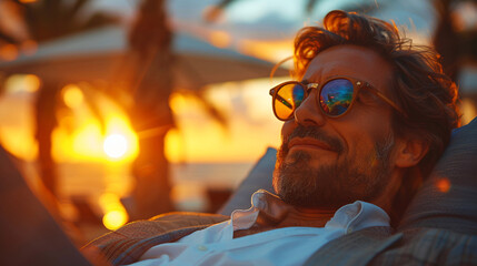 Successful handsome male businessman wearing a white shirt and sunglasses in an office at a resort. Drinking coffee against the backdrop of yachts and the turquoise sea. Financial independence concept