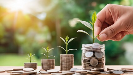 A hand placing a small plant on top of stacked coins, with other coin stacks and plants of varying heights in the background