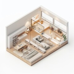 3D Render of a Zen studio apartment with multi-functional furniture and hidden storage, on isolated white background, Generative AI