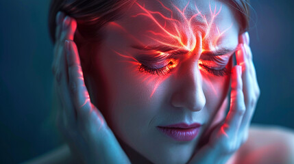 Young woman having headache at home with brain highlighted, stress depressive migraine.